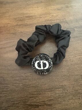 New Black Scrunchie Hair Tie with Monogrammed Round Accent